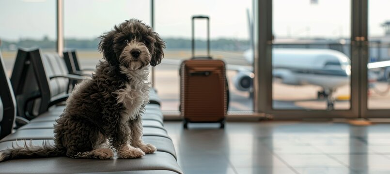 Fluffy Stabyhoun Puppy in Airport Lounge with Luggage and Airplanes in Background