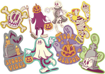 Retro groovy halloween stickers design