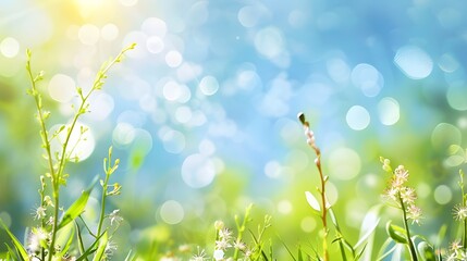 hazy bokeh background of verdant springtime, summertime tree leaf foliage, blue sky, and sun flare