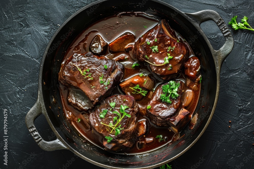 Wall mural Beef cheeks cooked in red wine sauce in skillet Aerial view on dark surface