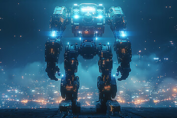 A futuristic mech or robot, intricately designed in the wireframe style, set against a dark blue background, showcasing advanced technology and sleek engineering