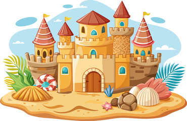 Fototapeta premium Sand castle cartoon drawing. Composition with beautiful sandy tower, on the sea shore