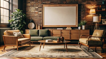 Mockup frame in a mid-century modern living room with clean lines and vintage furniture.