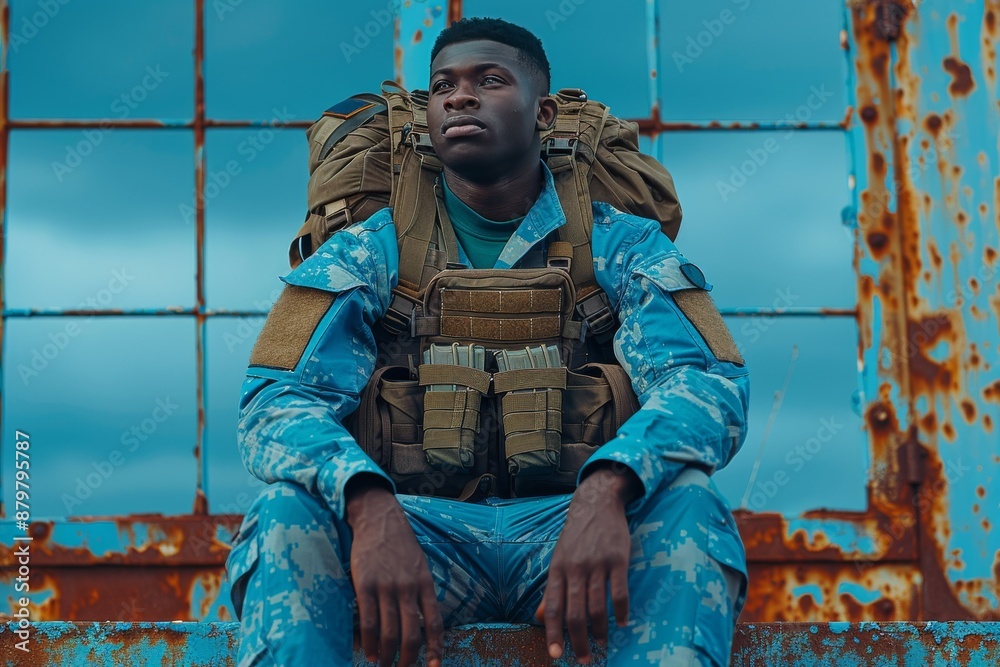 Wall mural Soldier in Blue Camouflage Sitting on Rusty Metal Structure