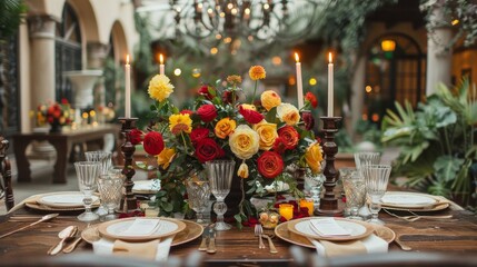 tasteful table décor for a wedding. Gorgeous red and yellow rose wedding table arrangement in a cozy setting. Generative AI