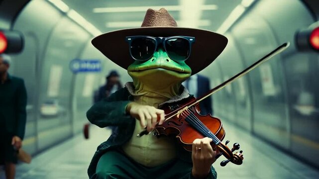 Frog In Hat Plays Violin In Subway Generative AI