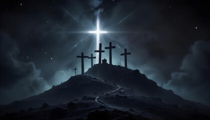Obraz premium A hill with three crosses on top in dark nebula with shadows background