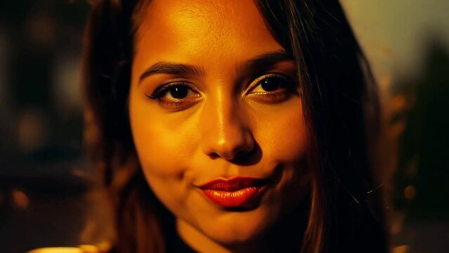Portrait of a young pretty woman looking demanding and smiling into the camera.