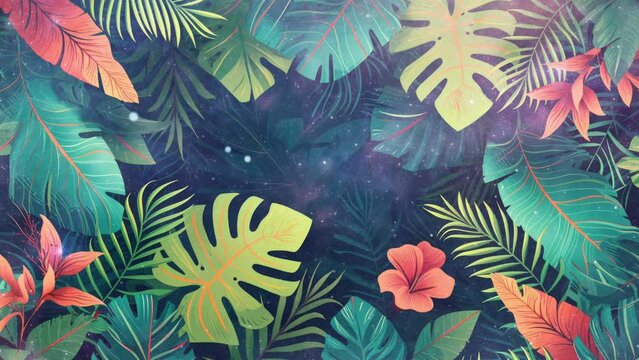 tropical leaves greenery with colorful leaves over dark background