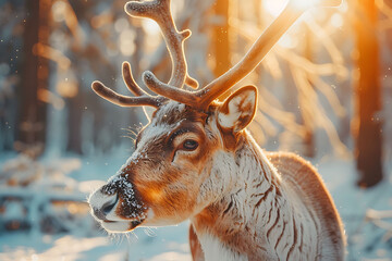Winter majestic reindeer antlers crowned with ice crystals glowing sunkissed cinematic photo