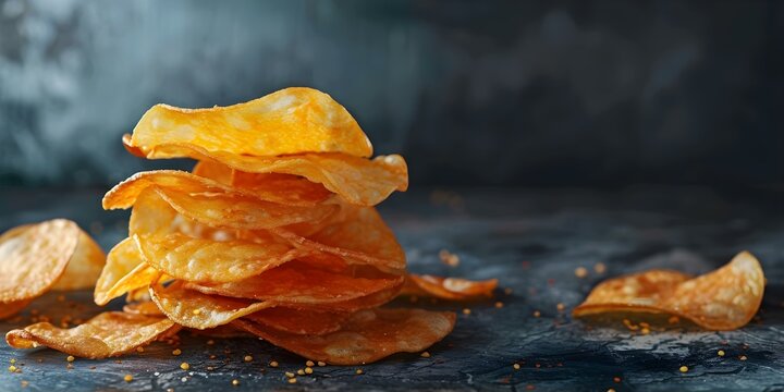 Disorderly Pile of Golden-Brown Potato Chips in a Haphazard Formation. Concept Messy Snack Display, Golden Potato Chips, Random Arrangement, Unorganized Layout, Crispy Chips
