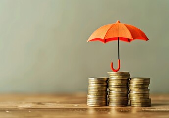Photo of a stack of coins with an umbrella on top symbolizing financial protection and safety. Web banner with empty space on the right in the style of copyspace.