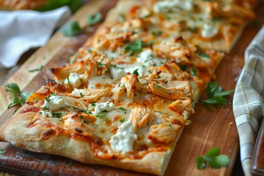 Buffalo chicken flatbread served on a platter
