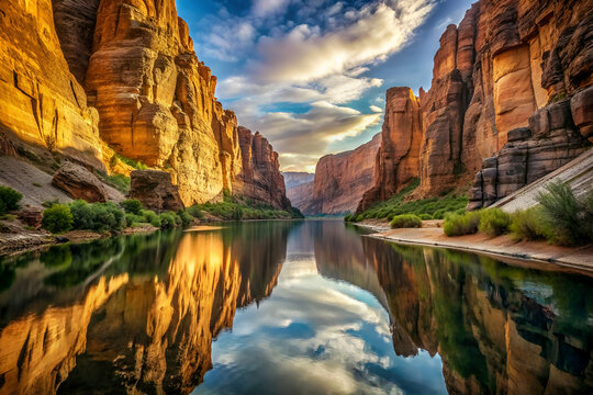A beautiful landscape with a river running through it. The water is calm and the sky is cloudy