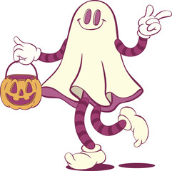 Retro groovy ghost halloween mascot character