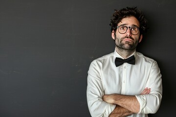 Obraz premium Thoughtful man with arms crossed, wearing a bow tie, looking up.