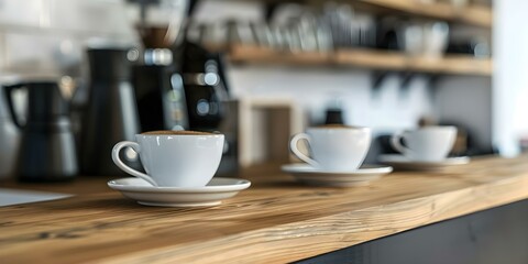 Obraz premium Stylish Home Coffee Station with Wooden Accents and Essential Equipment. Concept Home Decor, Coffee Lovers, Wooden Accents, Modern Design, Essential Equipment