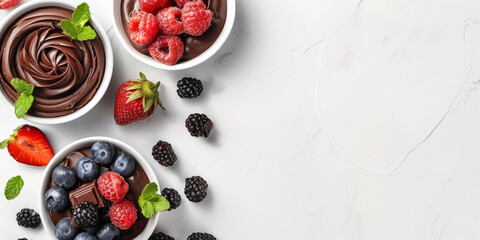 Top view of chocolate desserts with fresh berries on white background. Banner with copy space