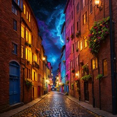 Naklejka premium A cobblestone street lined with colorful buildings glows warmly under vibrant streetlights, with a vivid, starry night sky overhead. Hanging flower baskets adorn the buildings,(Gen, A.I.)