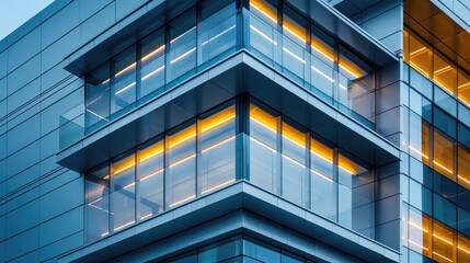 A contemporary corporate office building featuring a seamless blend of glass and steel, highlighted by sharp, modern lines and architectural lighting.