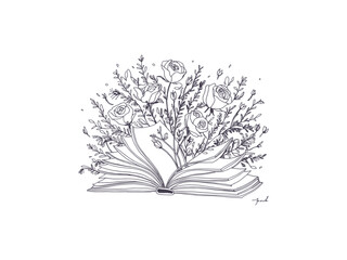 Line Art open book with flowers and roses emerging from اts pages