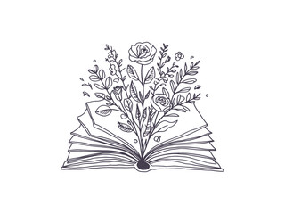 Line Art open book with flowers and roses emerging from اts pages