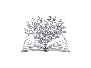 Line Art open book with flowers and roses emerging from اts pages