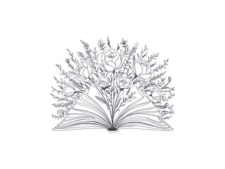 Line Art open book with flowers and roses emerging from اts pages