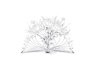 Line Art open book with flowers and roses emerging from اts pages