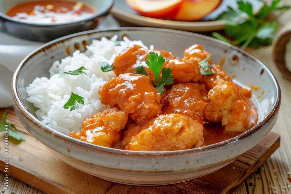 Sticker chicken nuggets in peach sauce with rice on table