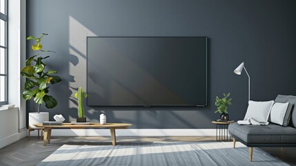 A contemporary flat screen TV with no image displayed, mounted on the wall in a modern living room.