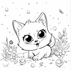 Black and white illustration of a cute cat among the flowers. Coloring picture for kids.