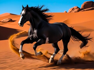 Dynamic Black Horse Galloping Through Desert Sands