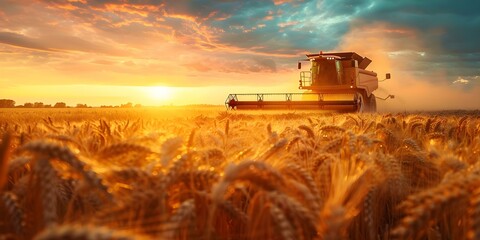 Fototapeta premium Harvesting wheat in a vast field under the setting sun. Concept Agriculture, Farming, Harvest Season, Rural Landscape, Sunset Glow