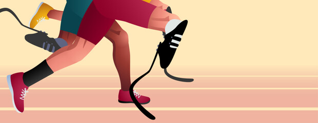 Vector illustration shows the prosthetic legs of an athlete on a running track. Ideal for Paralympic sports events, it highlights determination, athleticism, and the triumph of the human spirit.