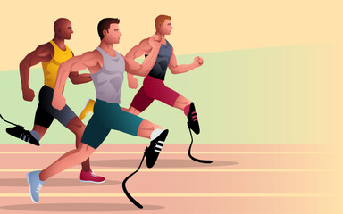 Paralympic athlete racing with prosthetic legs on a running track. Perfect for sports events, and inspirational content, highlights determination, athleticism, and the triumph of the human spirit