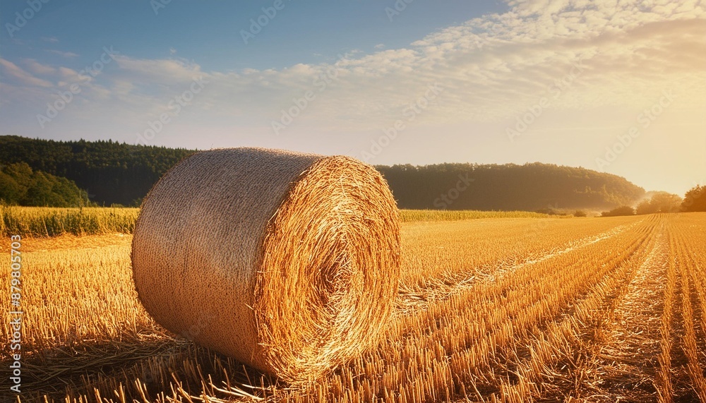 Poster single hay bale in the field on a sunny day