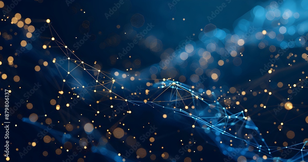 Poster a dark blue background with golden low poly lines and dots representing the blockchain, creating an 