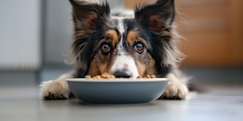 Australian Shepherd dog eating food at home experiencing discomfort in surroundings. Concept Australian Shepherd, dog, eating, food, discomfort, home, surroundings