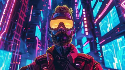 Cyberpunk city man with goggles. Futuristic man in neon city with glowing goggles.