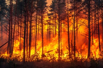 Fototapeta premium Intense forest fire engulfing tall trees with bright orange flames under a smoky sky.