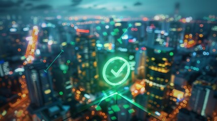 Fototapeta premium Cityscape with checkmark icon. Aerial view of a city at night with a glowing checkmark icon.