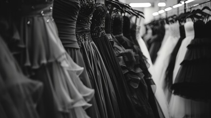 Naklejka premium A collection of dresses hangs on a rack in monochrome tones