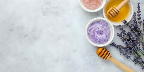 Fototapeta premium Organic Lavender Spa Set with Handmade Clay Mask and Honey. Concept Spa Therapy, Natural Skincare, Herbal Remedies, Handcrafted Beauty Products