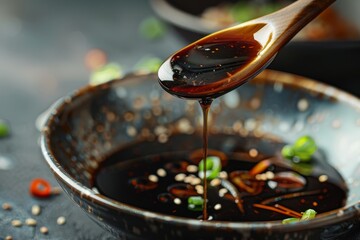 Close up of dish with soy sauce spoon