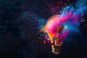 A vibrant light bulb explosion against black background, symbolizing the spark of creative ideas and innovation in advertising. The colorful particles create an abstract design that captures attention