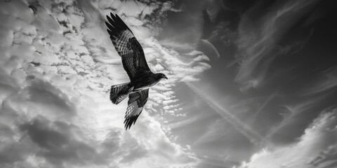 A large bird flying through a cloudy sky with white clouds and blue background