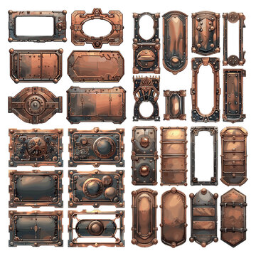 Steampunk metal panels cartoon vector set. Square rectangular rivets iron bronze brass mechanisms machinery frames isolated on white background