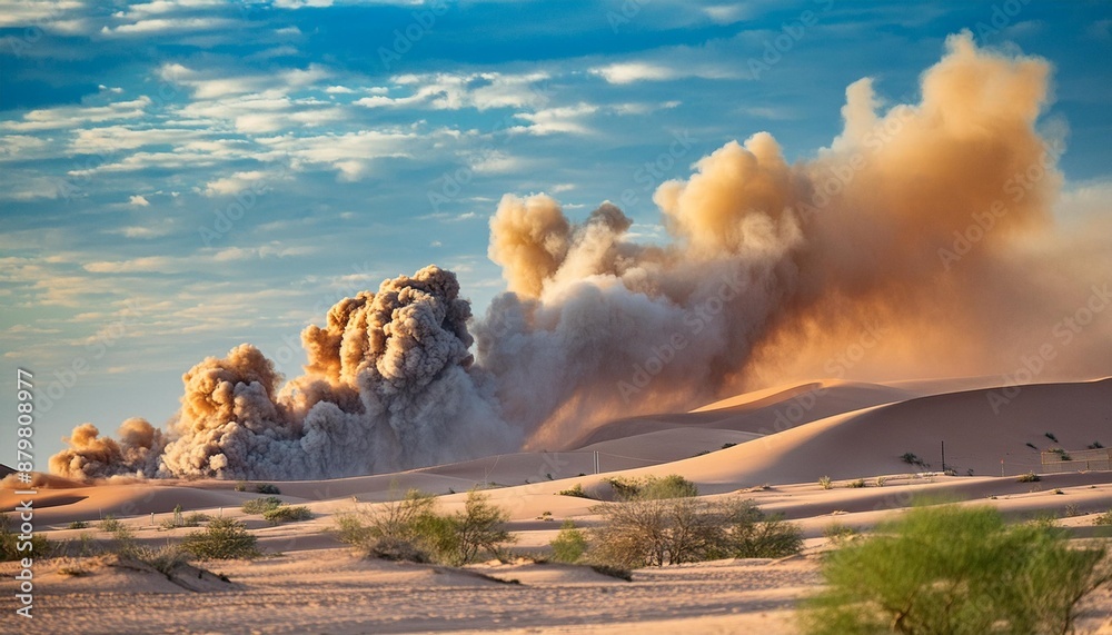 Poster explosion shakes the desert sand billows sandstorm intensifies blending with the smoke filled sky