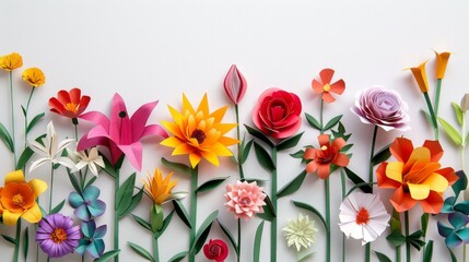 Obraz premium Colorful paper flowers arrangement. Vibrant paper flowers in a row on a white background, creating a cheerful and festive design.